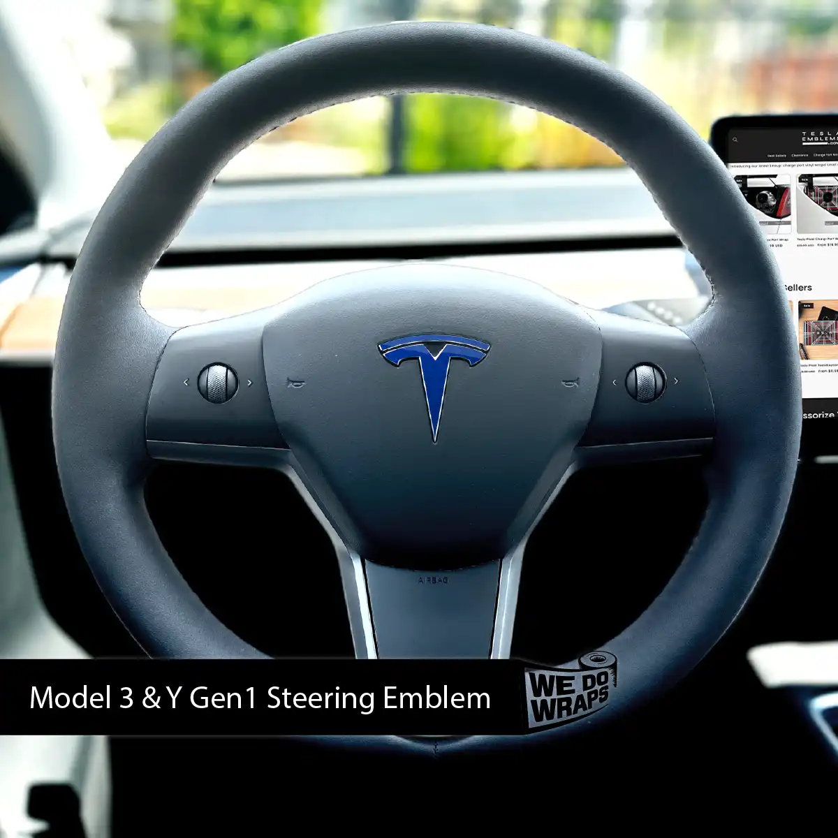 3M Deep Blue Metallic Tesla Steering Wheel Emblem Decal - Tesla Emblems