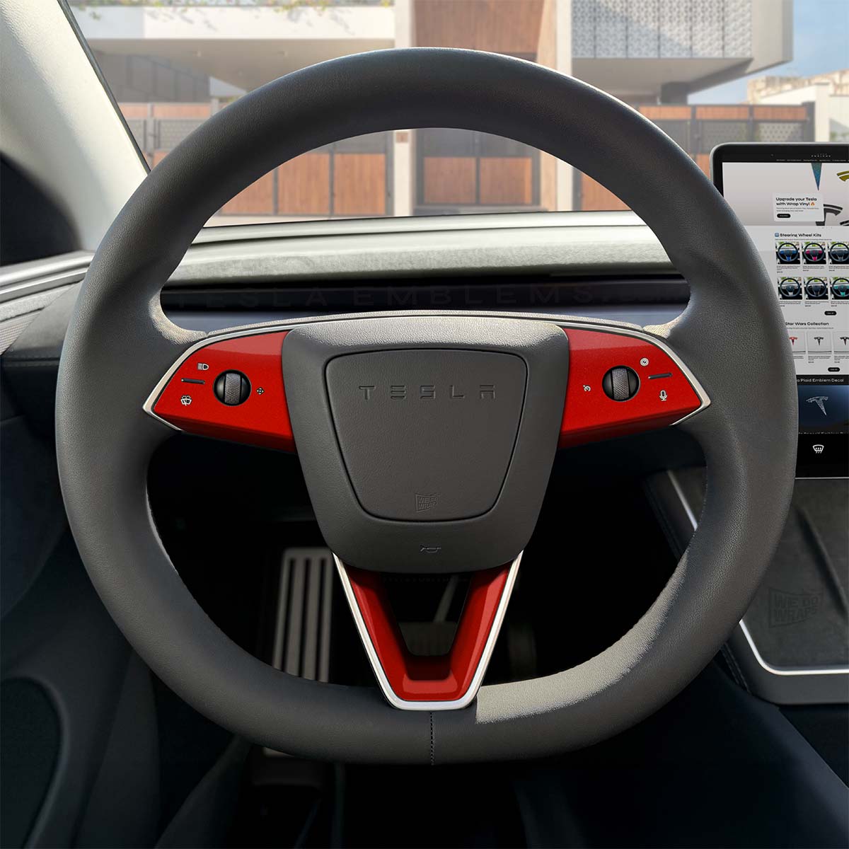 3M Gloss Dragon Fire Red Tesla Steering Wheel Trim Decal Kit (4pcs) | MY 2026+ Juniper - Tesla Emblems