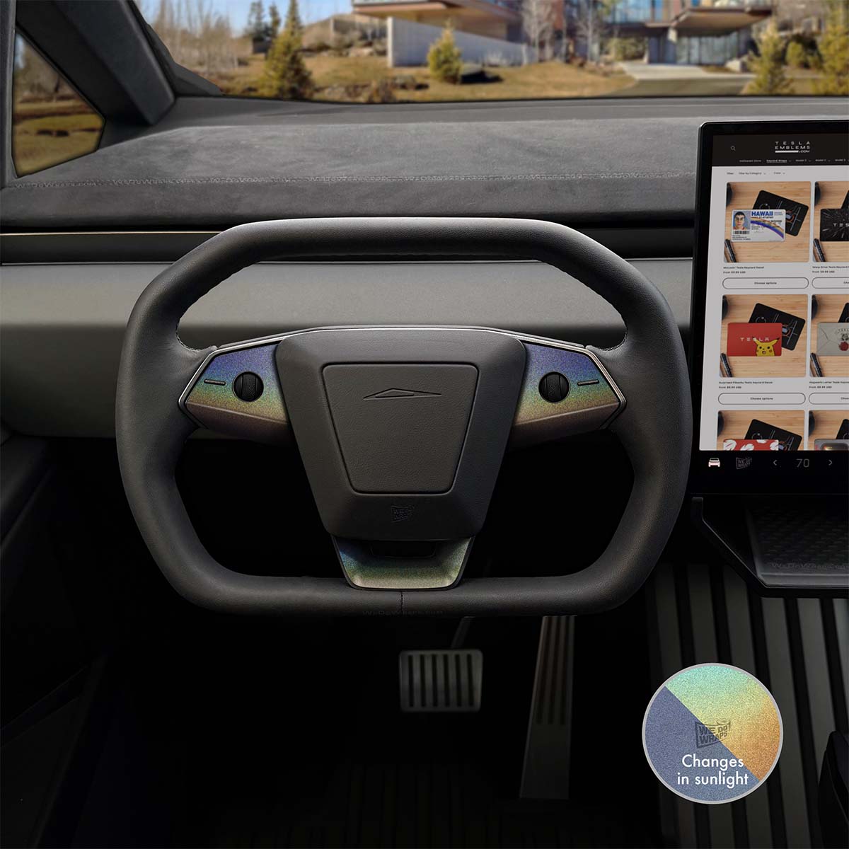 3M Satin Psychedelic Flip Tesla Steering Wheel Trim Decal Kit (3pcs) | Cybertruck - Tesla Emblems