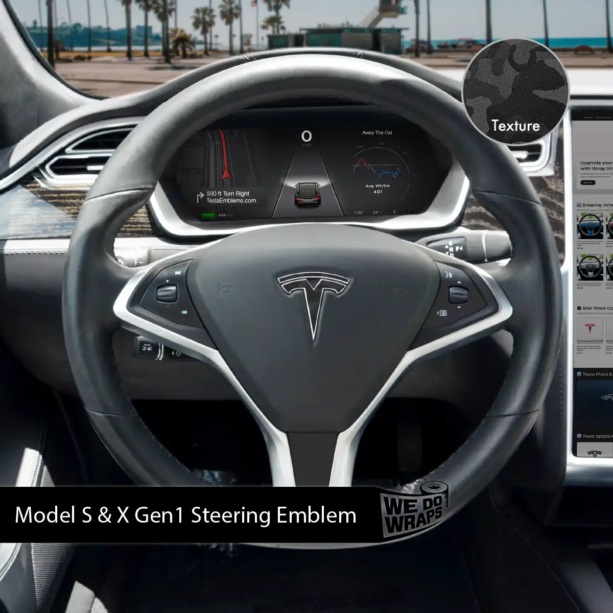 3M Shadow Black Camo Tesla Steering Wheel Emblem Decal - Tesla Emblems