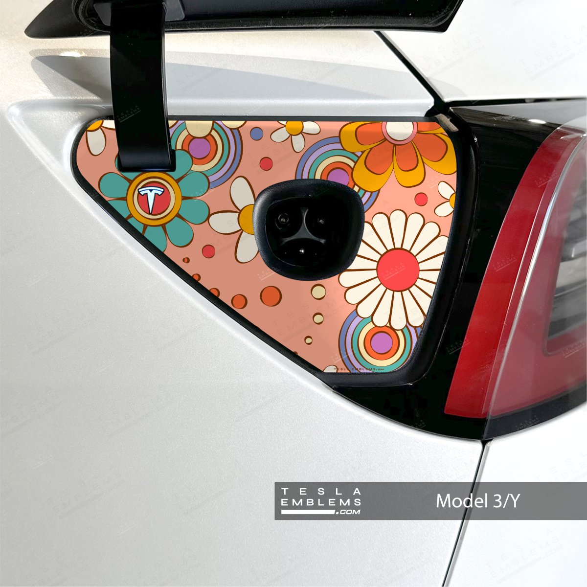 Flower Power Tesla Charge Port Wrap - Tesla Emblems