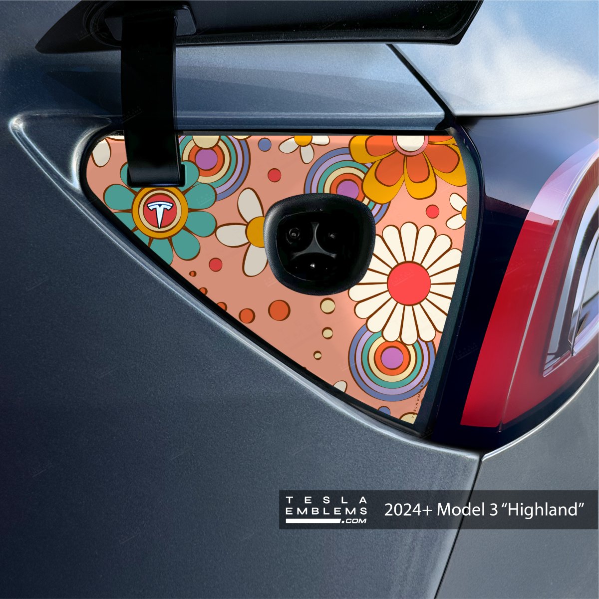 Flower Power Tesla Charge Port Wrap - Tesla Emblems