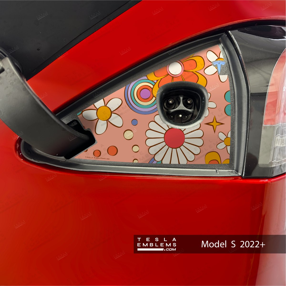 Flower Power Tesla Charge Port Wrap - Tesla Emblems