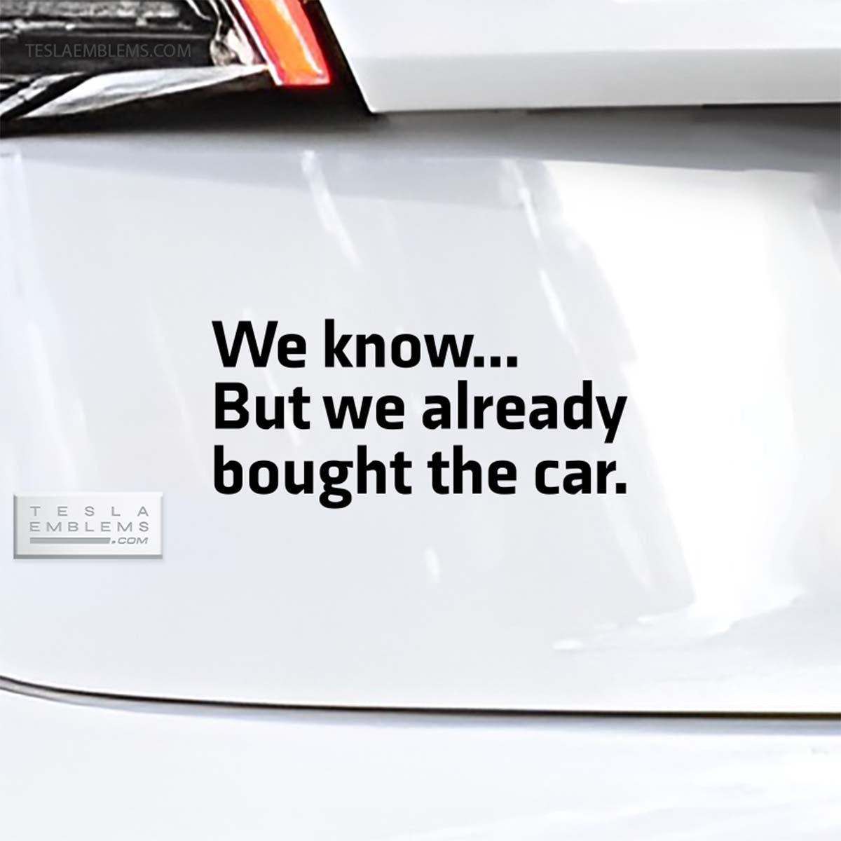 We Know... But We Already Bought The Car | Cut Vinyl Letters Sticker - Tesla Emblems