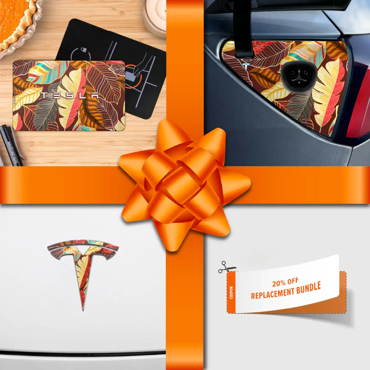 Holiday Bundle Autumn Foliage Tesla Wrap Kit | Model 3 - Tesla Emblems