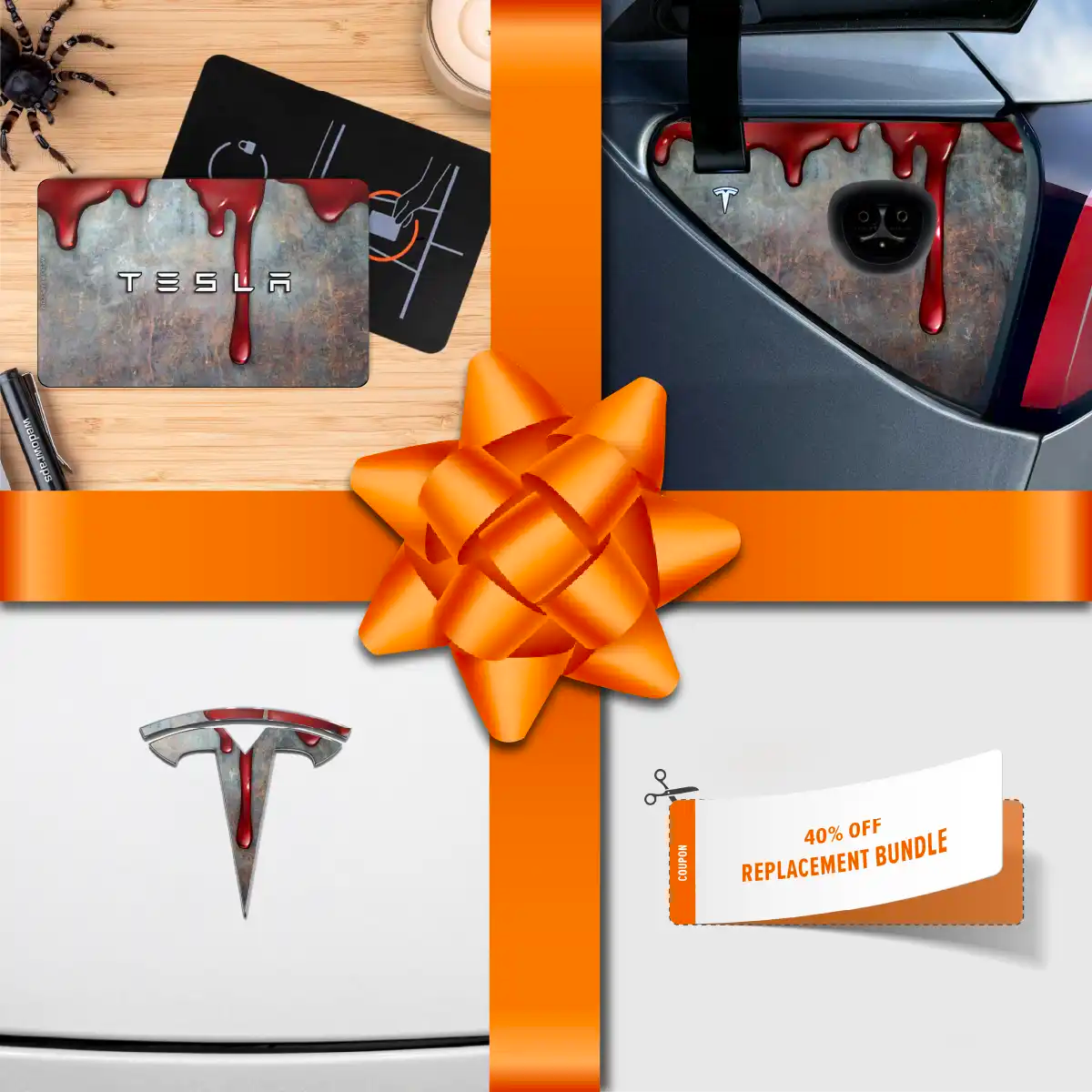 Holiday Bundle Bloody Tesla Wrap Kit | Model 3 - Tesla Emblems