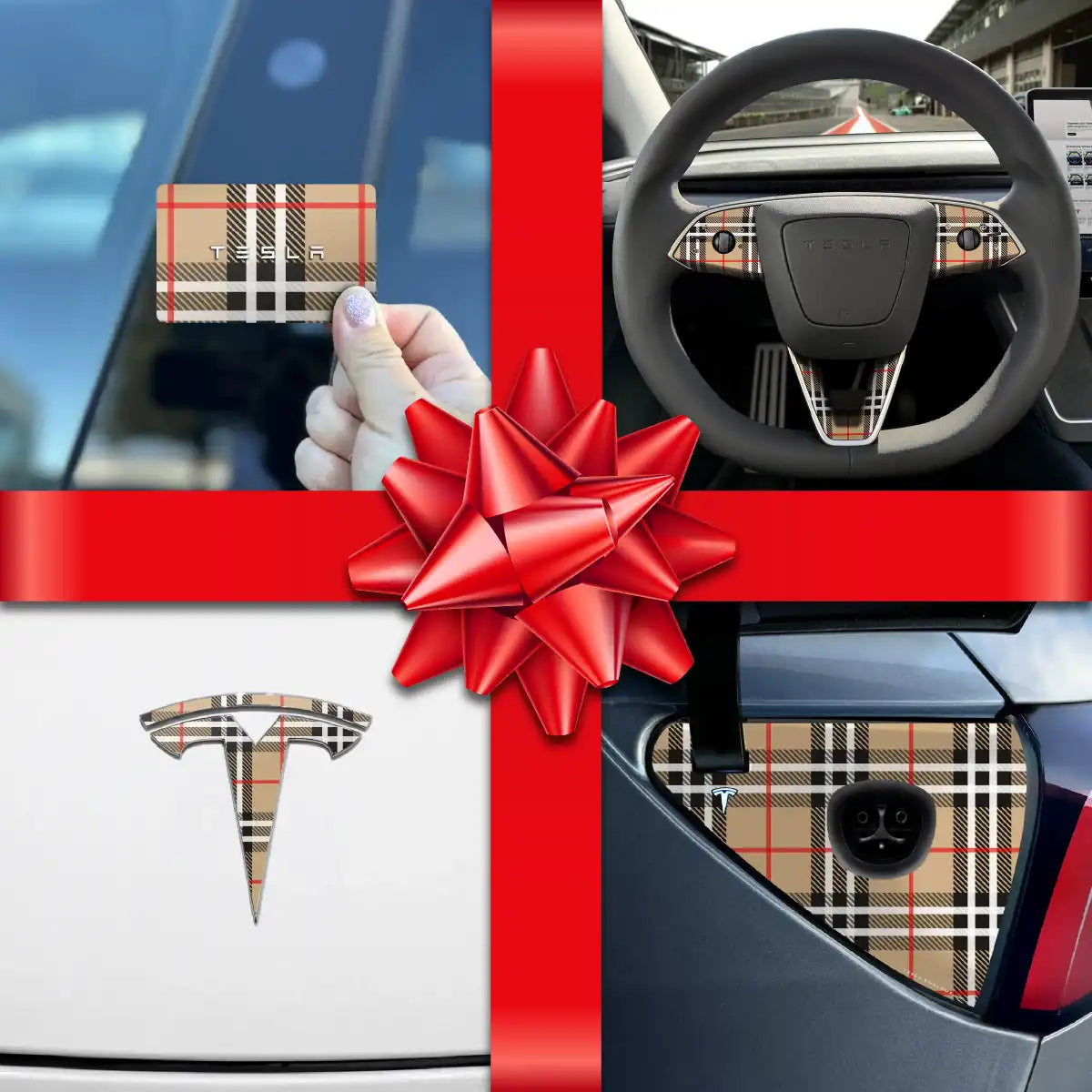 Holiday Bundle Designer BRBY Check Tesla Wrap Kit | Model 3 - Tesla Emblems