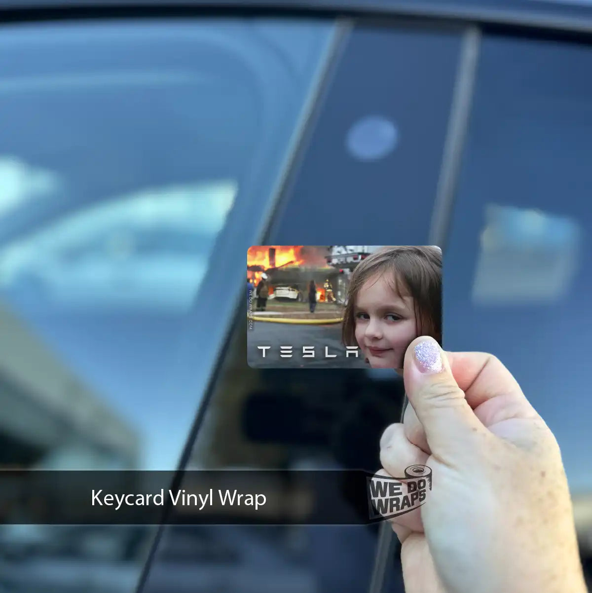 Burning House Girl Meme Tesla Keycard Decal - Tesla Emblems
