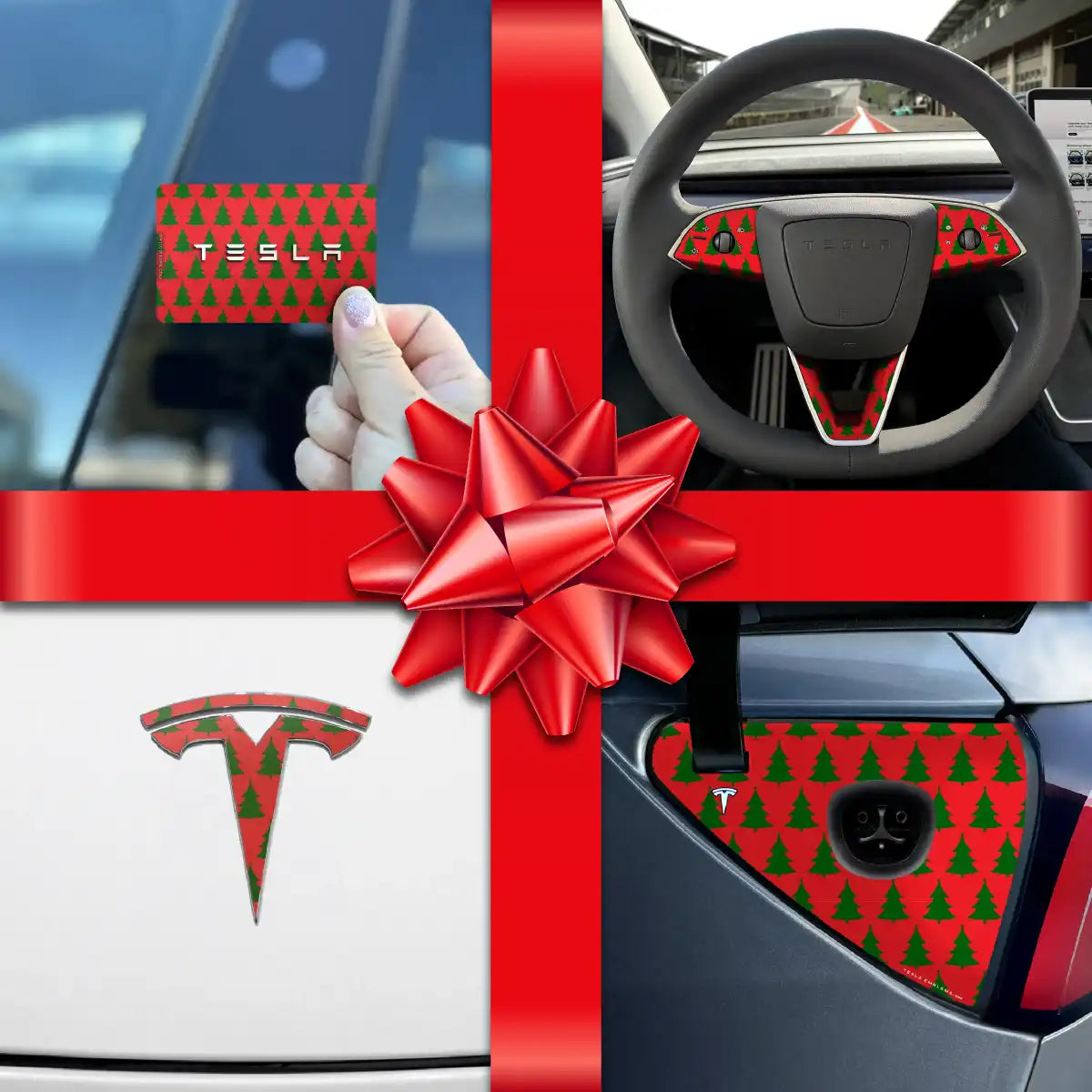 Holiday Bundle Red Xmas Trees Tesla Wrap Kit | Model 3 - Tesla Emblems