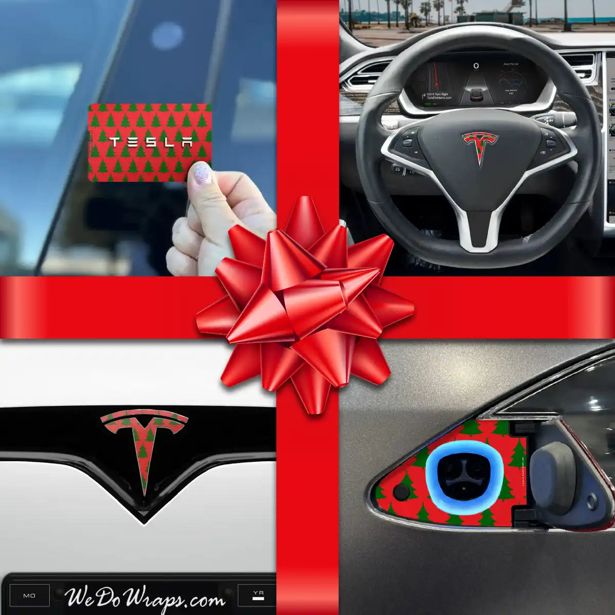 Holiday Bundle Red Xmas Trees Tesla Wrap Kit | Model S - Tesla Emblems