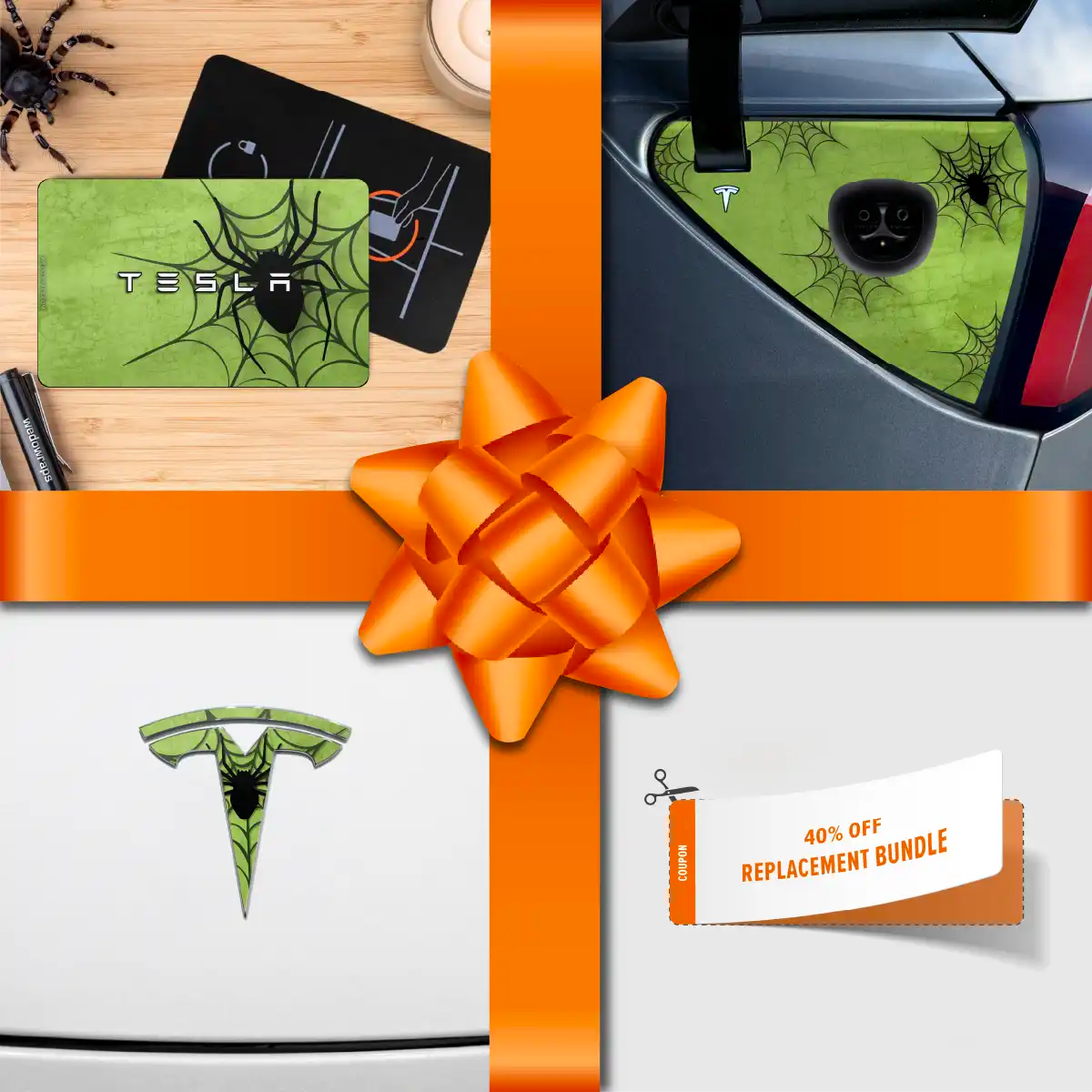 Holiday Bundle Cobweb Spider Tesla Wrap Kit | Model 3 - Tesla Emblems