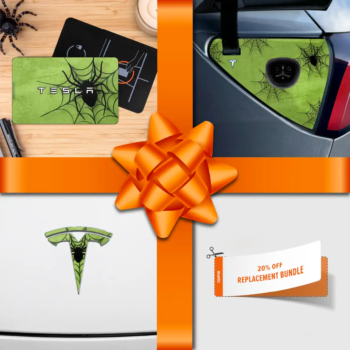 Holiday Bundle Cobweb Spider Tesla Wrap Kit | Model 3 - Tesla Emblems