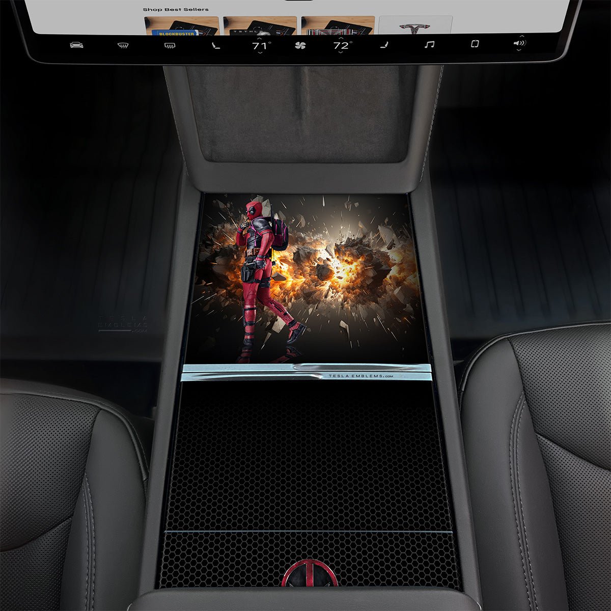 Deadpool Explosive Fun Tesla Gen3 Center Console Wrap Kit | 2024+ Model 3 "Highland" - Tesla Emblems