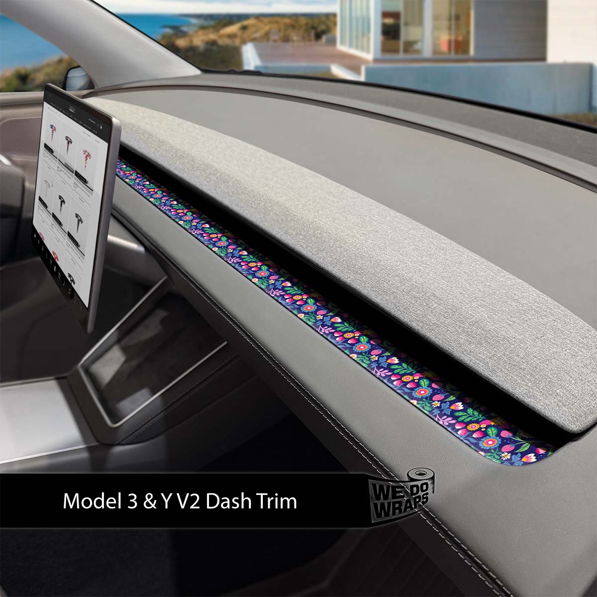Floral Meadow Tesla Dash Trim Wrap | Model 3 ’24 - 26 Refresh - Tesla Emblems