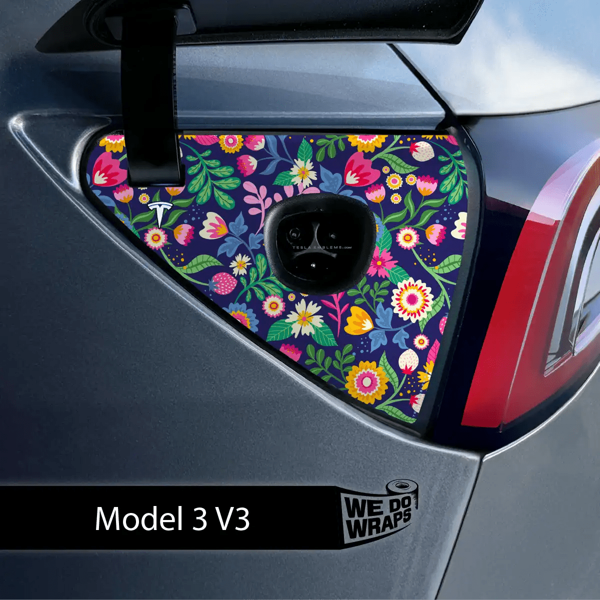 Floral Meadows Tesla Charge Port Wrap | Model 3 - Tesla Emblems