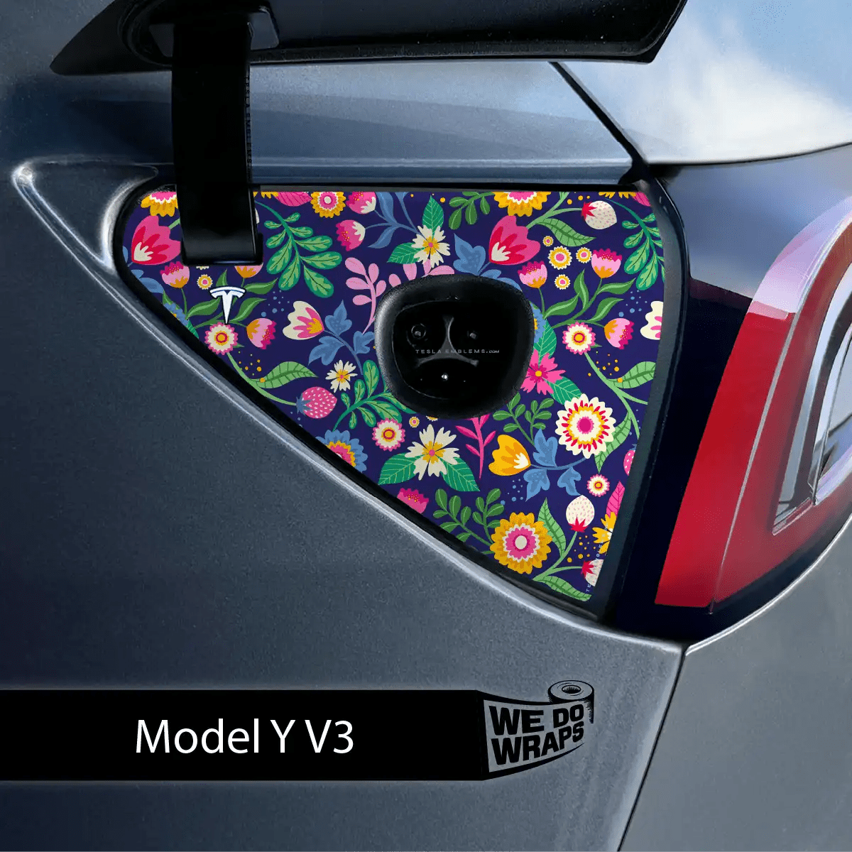 Floral Meadows Tesla Charge Port Wrap | Model Y - Tesla Emblems