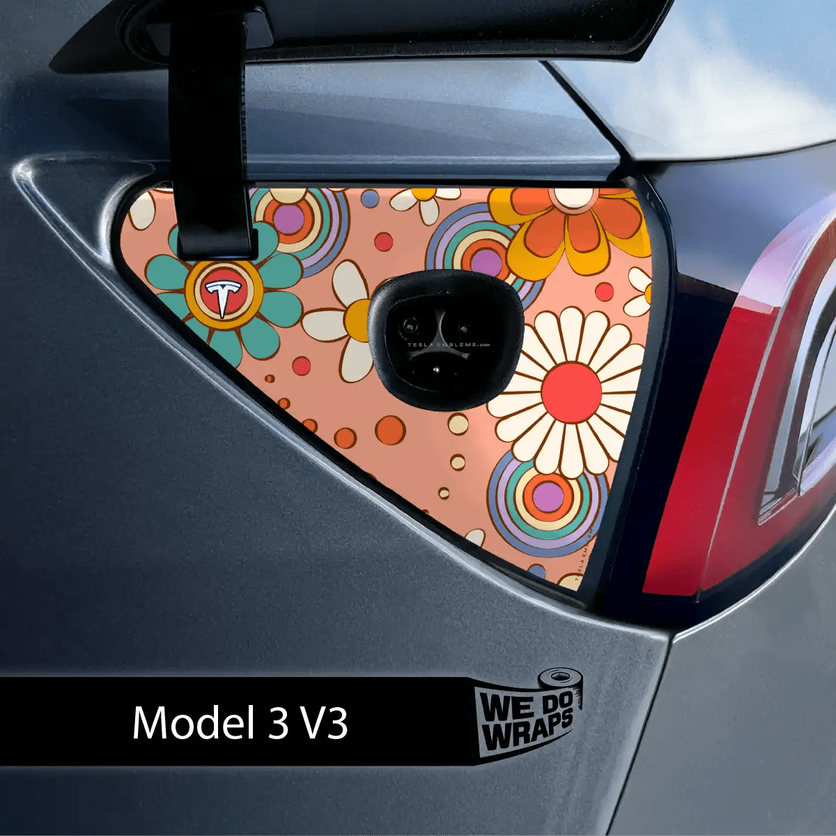 Funky Florals Tesla Charge Port Wrap | Model 3 - Tesla Emblems