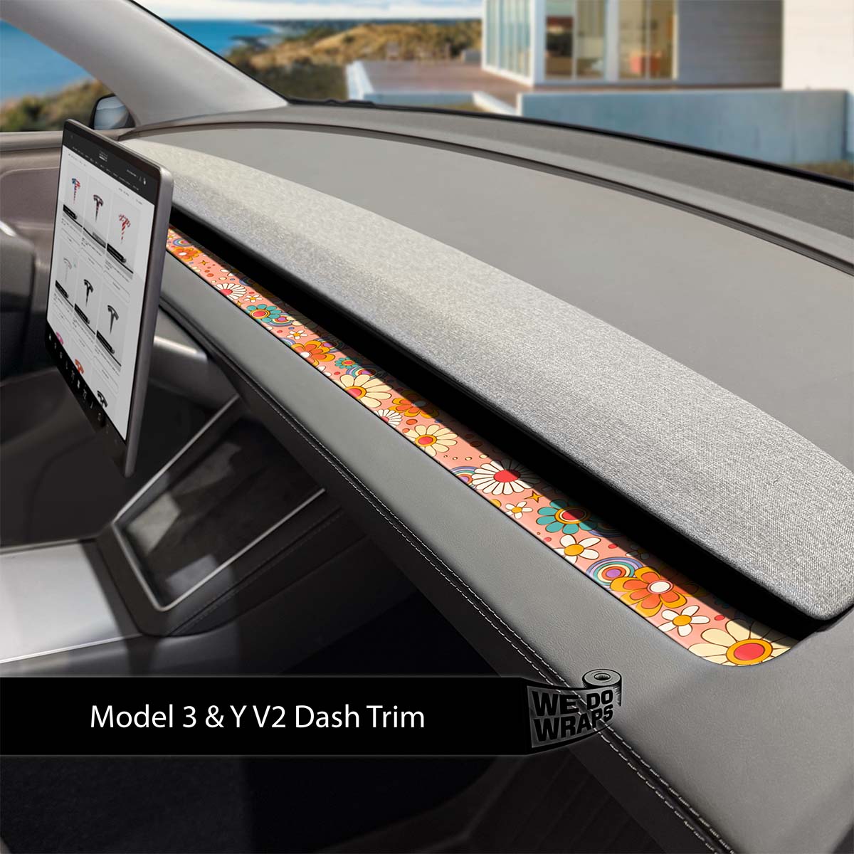 Funky Florals Tesla Dash Trim Wrap | Model 3 ’24 - 26 Refresh - Tesla Emblems