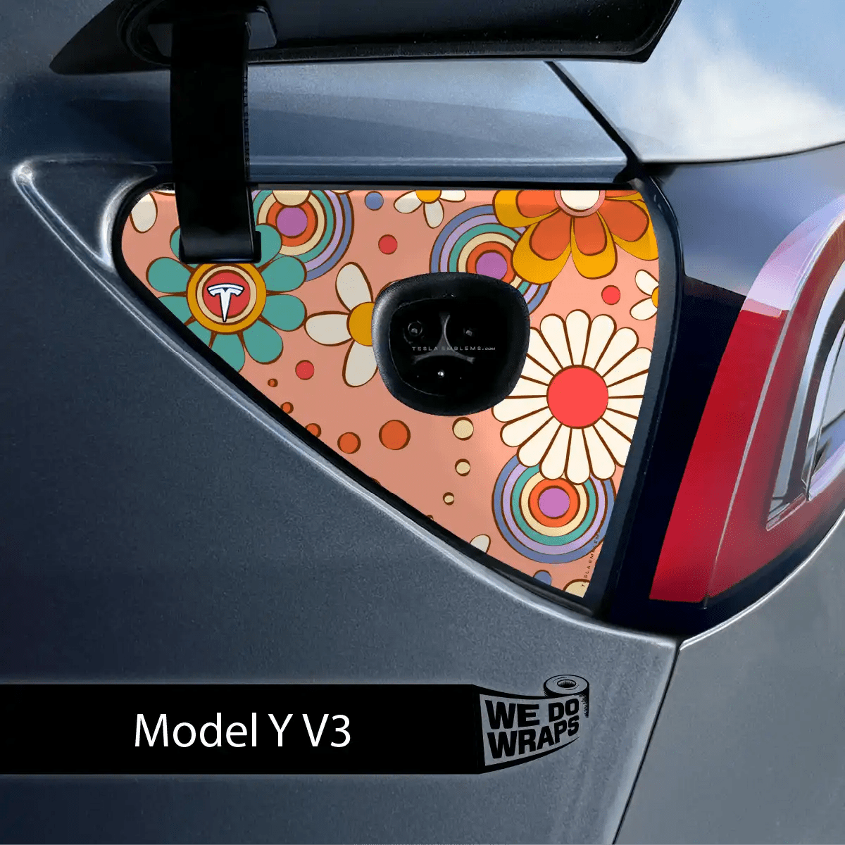 Funky Florals Tesla Charge Port Wrap | Model Y - Tesla Emblems