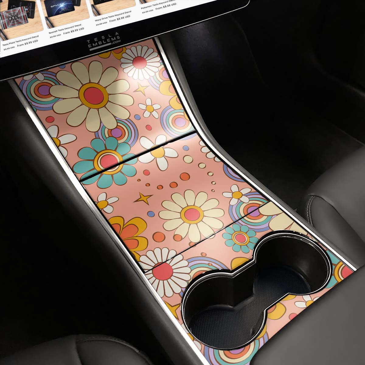 Funky Florals Tesla Center Console Wrap Kit | 2017 - 2021 Model 3 & Y - Tesla Emblems