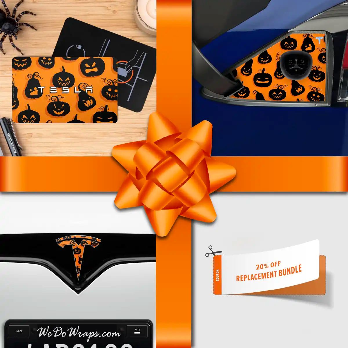 Holiday Bundle Jack - O' - Lantern Tesla Wrap Kit | Model X - Tesla Emblems