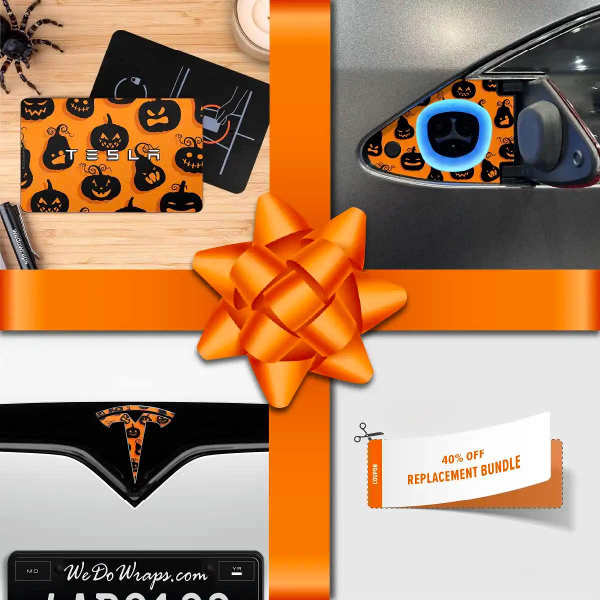 Holiday Bundle Jack - O' - Lantern Tesla Wrap Kit | Model X - Tesla Emblems