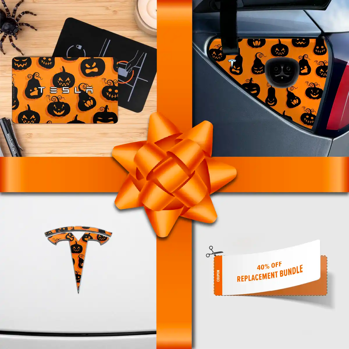 Holiday Bundle Jack - O' - Lantern Tesla Wrap Kit | Model 3 - Tesla Emblems