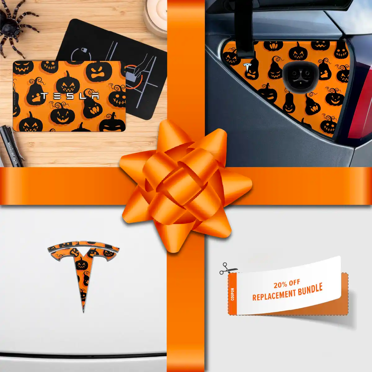 Holiday Bundle Jack - O' - Lantern Tesla Wrap Kit | Model 3 - Tesla Emblems