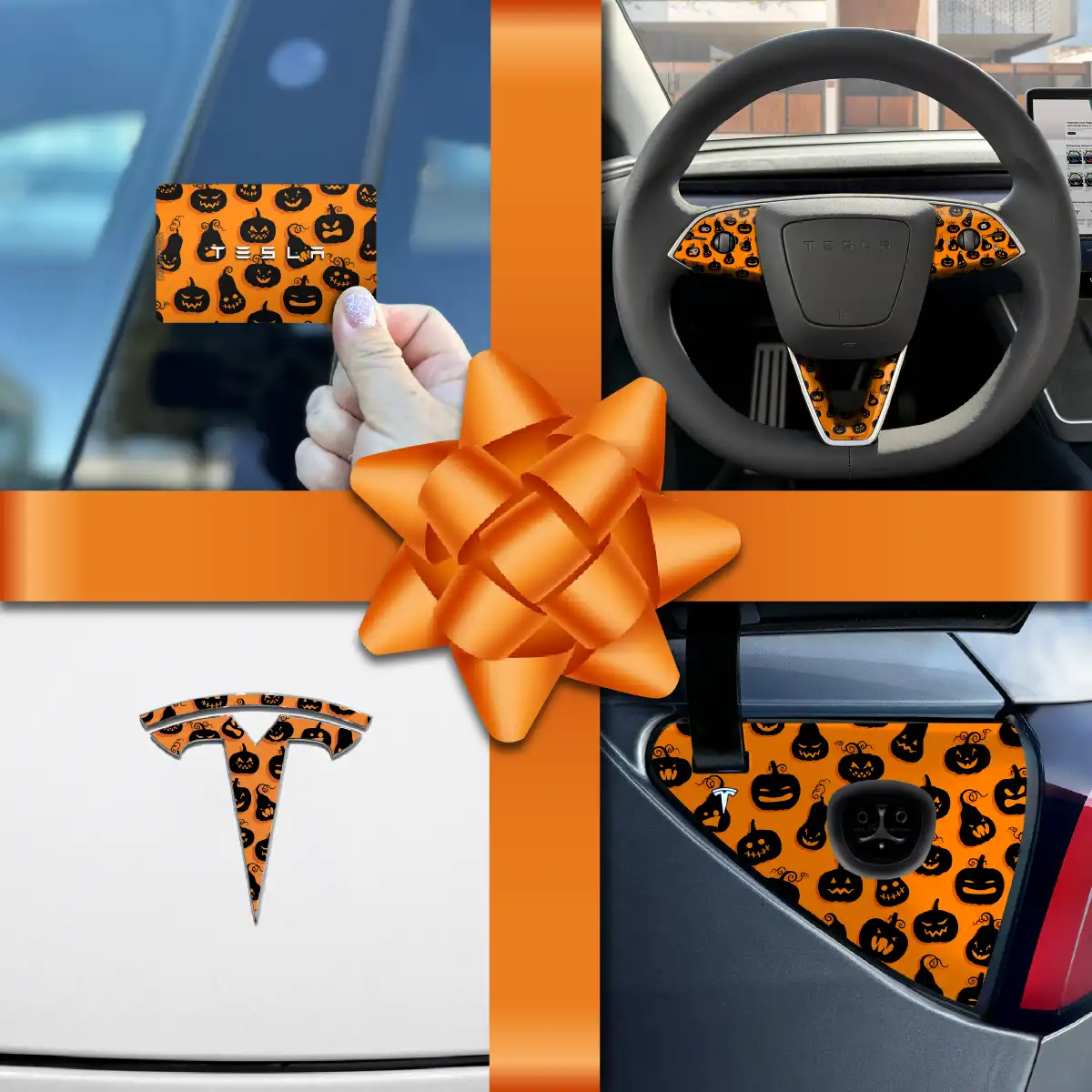 Holiday Bundle Jack - O' - Lantern Tesla Wrap Kit | Model Y - Tesla Emblems