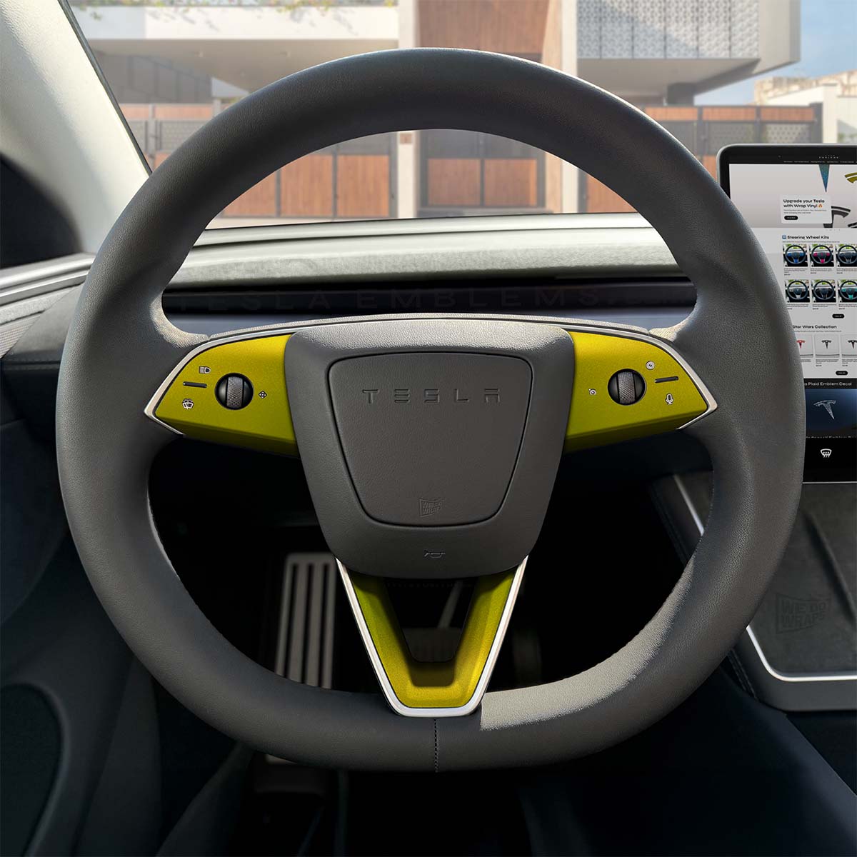 KPMF Matte Iced Yellow Tesla Steering Wheel Trim Decal Kit (3pcs) | MY 2026+ "Juniper" - Tesla Emblems