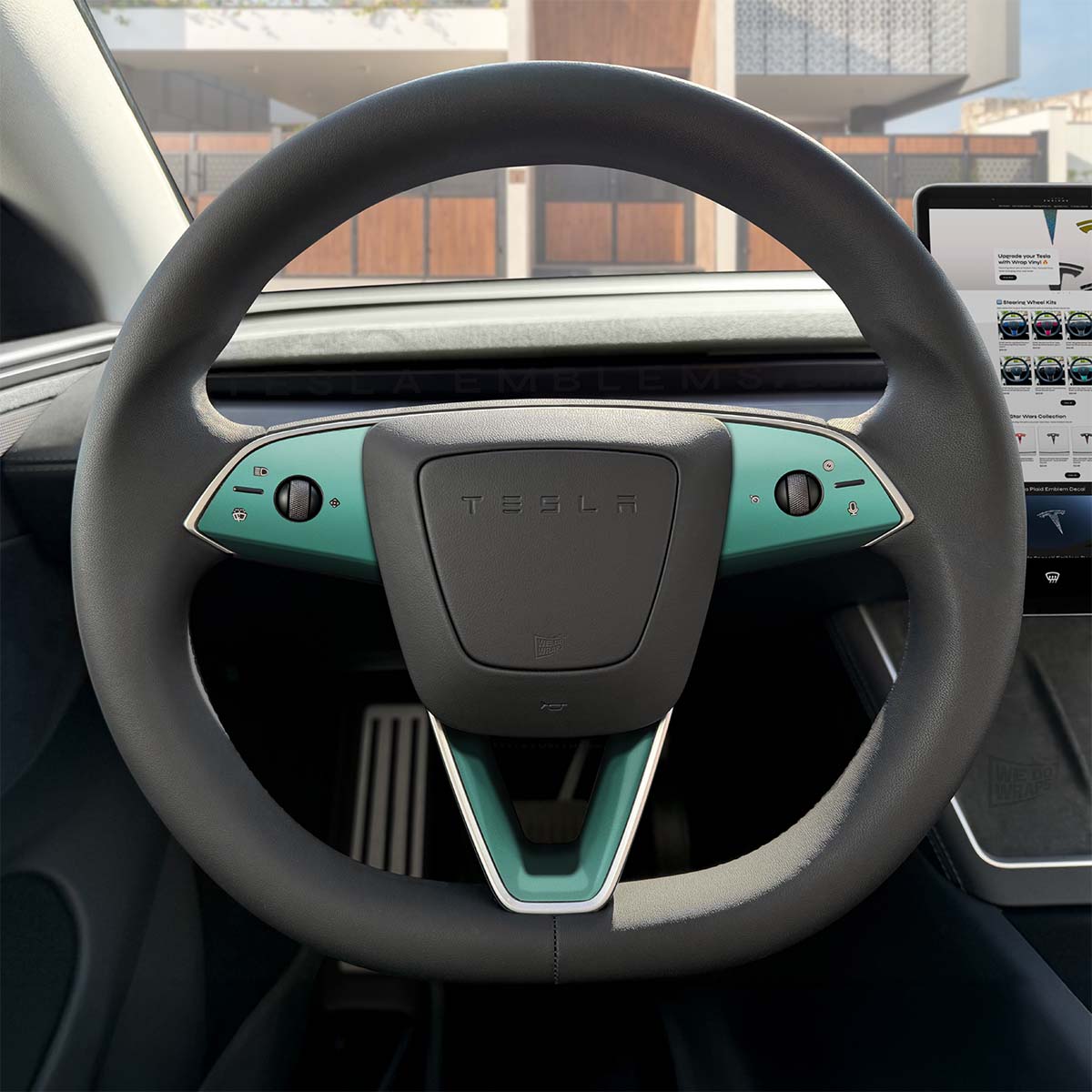 KPMF Satin Spearmint Tesla Steering Wheel Trim Decal Kit (3pcs) | MY 2026+ "Juniper" - Tesla Emblems