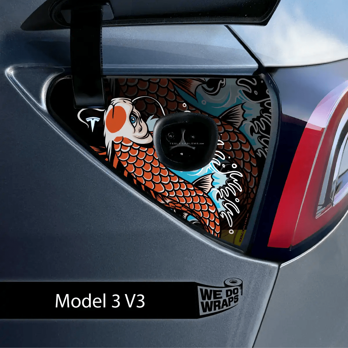 Koi Tattoo Art Tesla Charge Port Wrap | Model 3 - Tesla Emblems