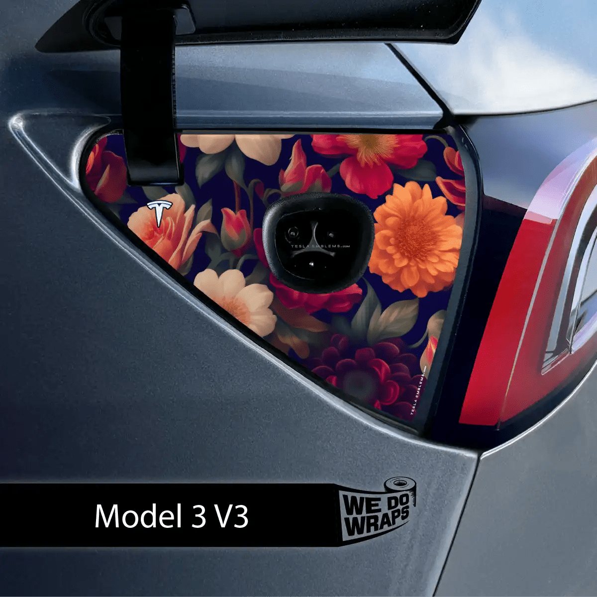 Midnight Bloom Tesla Charge Port Wrap | Model 3 - Tesla Emblems
