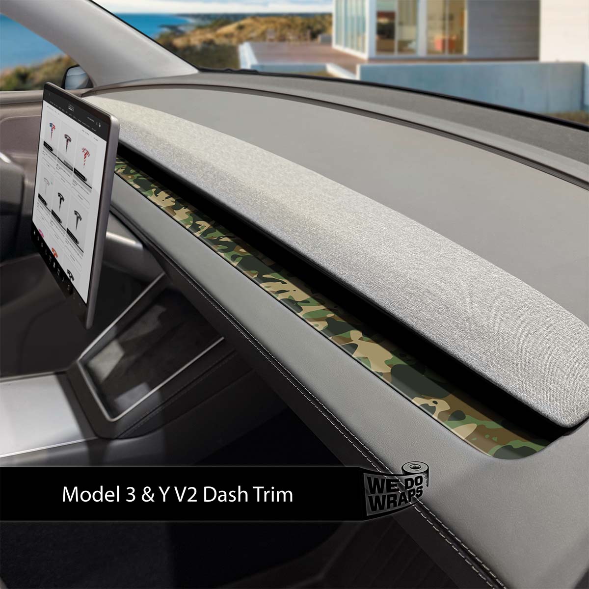 Military Green Camo Tesla Dash Trim Wrap | Model 3 ’24 - 26 Refresh - Tesla Emblems