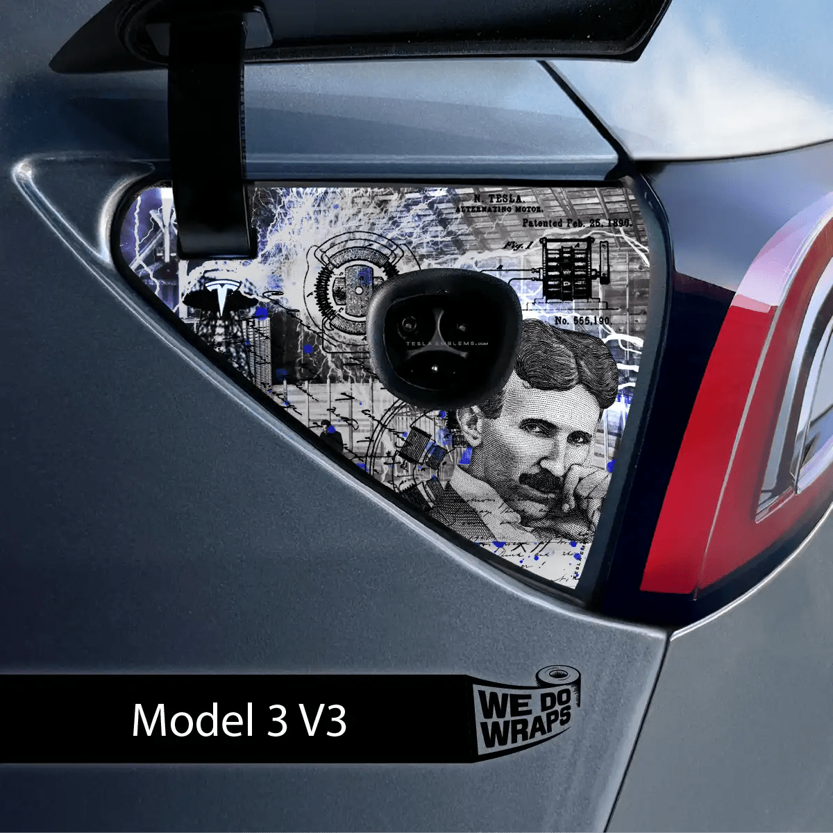 Nikola Tesla Steampunk / Trash Polka Tesla Charge Port Wrap | Model 3 - Tesla Emblems