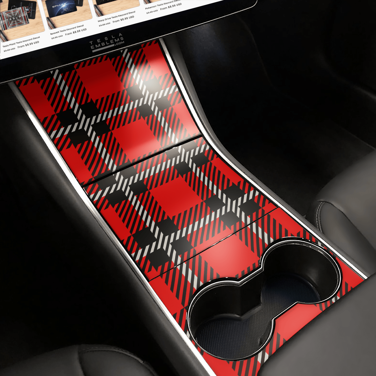 Red Plaid Gen1 Center Console Wrap Kit | 2017 - 2021 Model 3 - Tesla Emblems