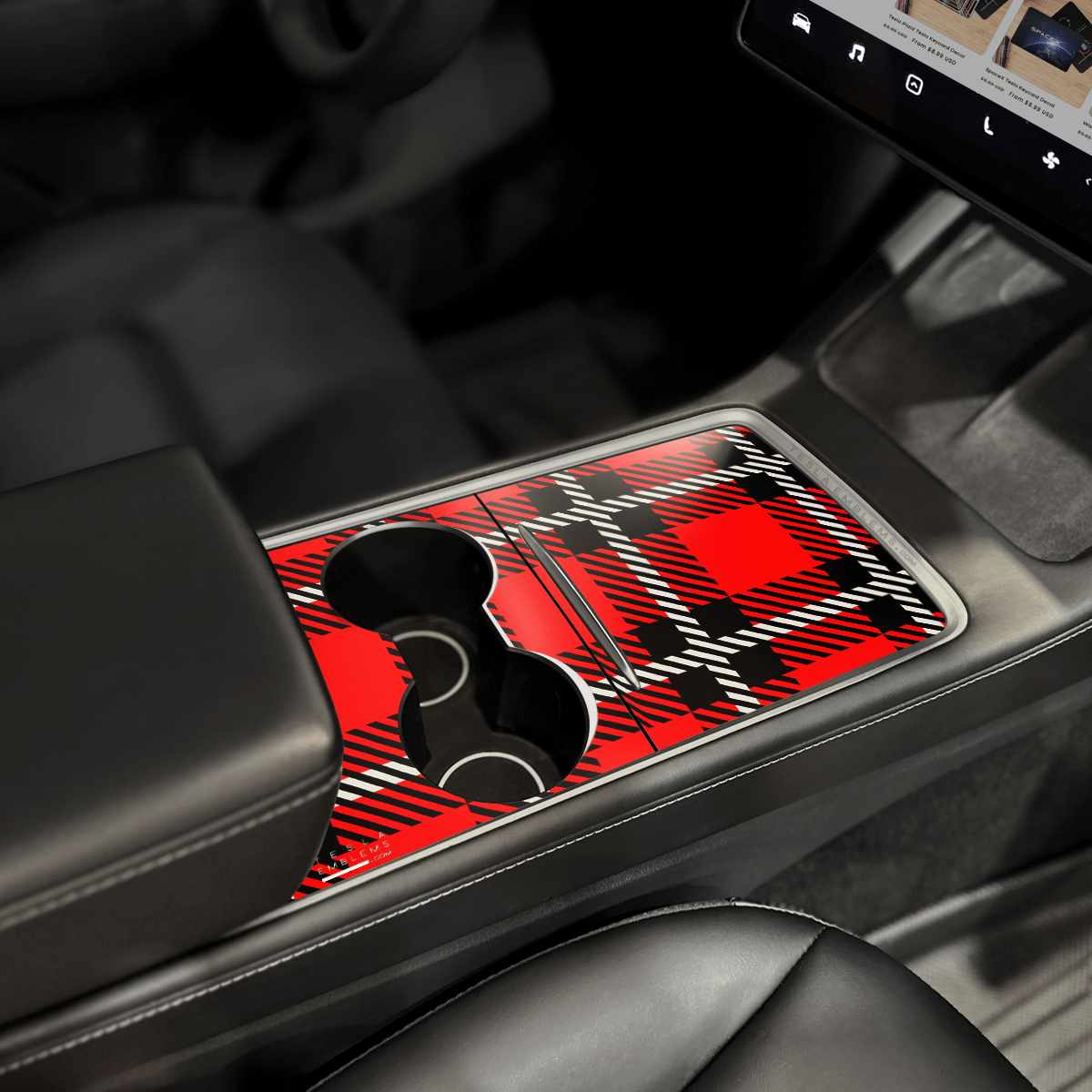 Red Plaid | Gen2 Tesla Center Console Wrap Kit | 2021 - 2023 Model 3 & Y (+Y '24) - Tesla Emblems