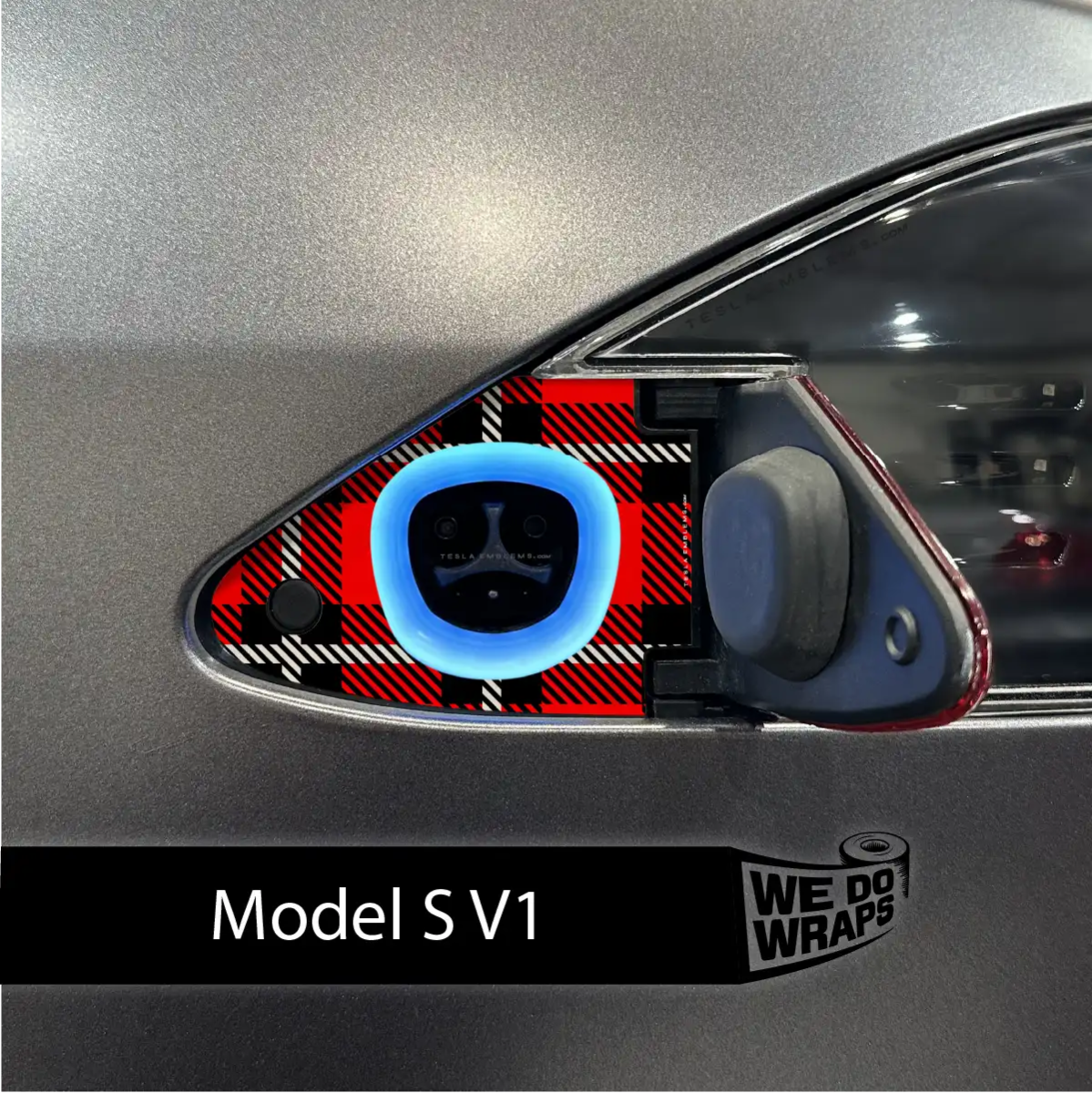 Red Plaid Tesla Charge Port Wrap | Model S - Tesla Emblems