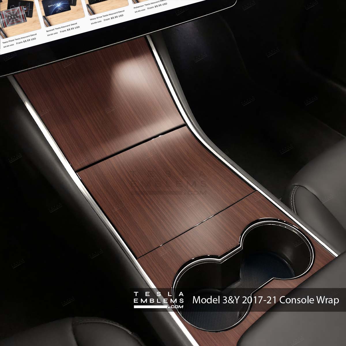 Redwood Woodgrain Tesla Center Console Wrap Kit | 2017-2021 Model 3 & Y - Tesla Emblems