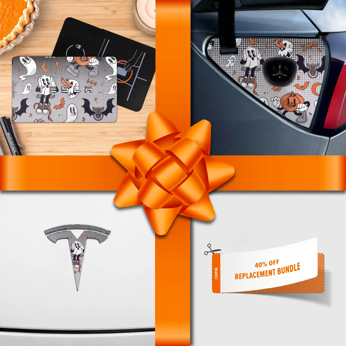 Holiday Bundle Retro 30s Ghost Tesla Wrap Kit | Model 3 - Tesla Emblems