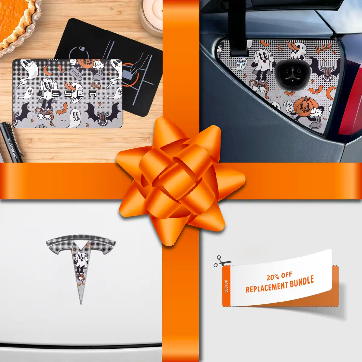 Holiday Bundle Retro 30s Ghost Tesla Wrap Kit | Model 3 - Tesla Emblems