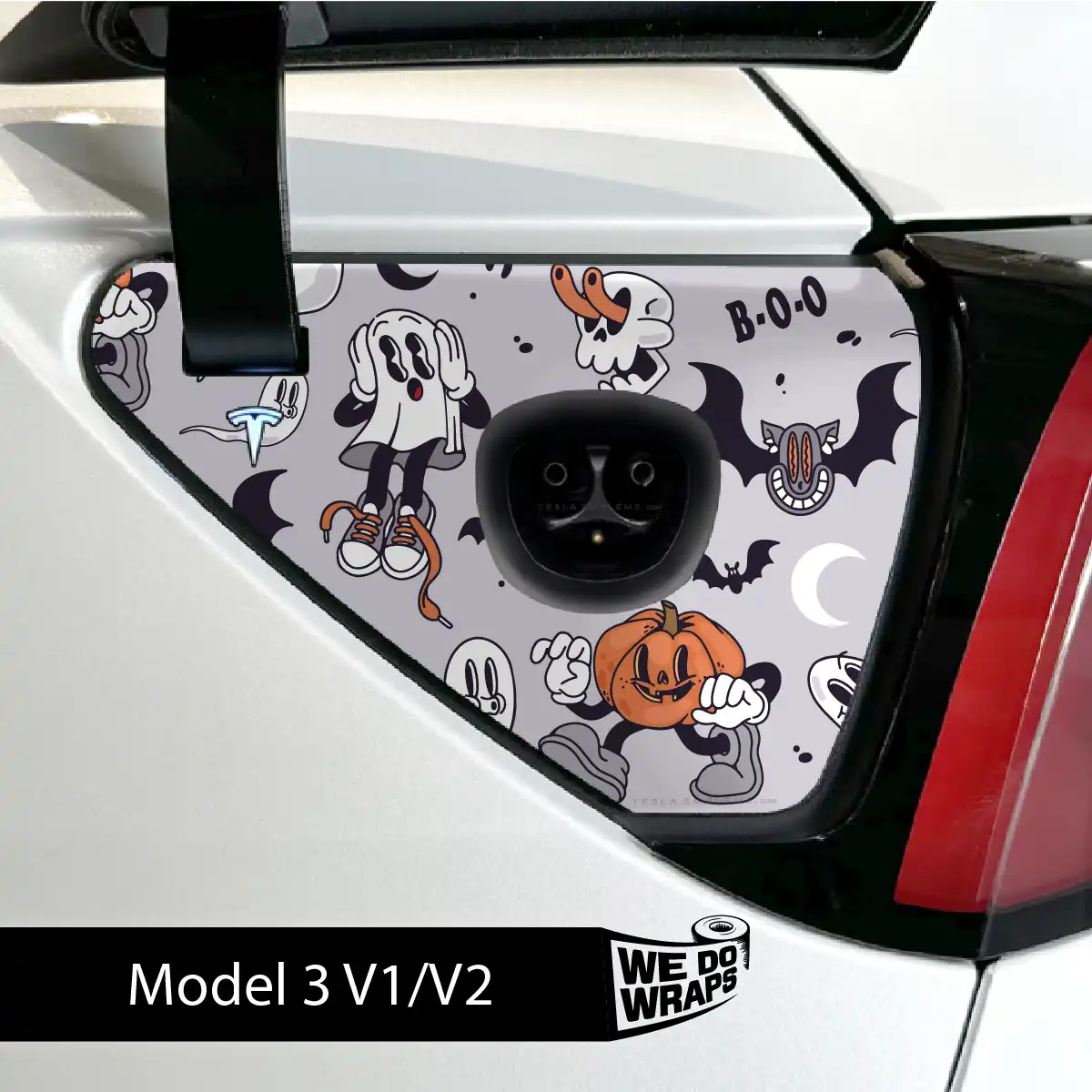 Retro 30s Ghost Tesla Charge Port Wrap | Model 3 - Tesla Emblems