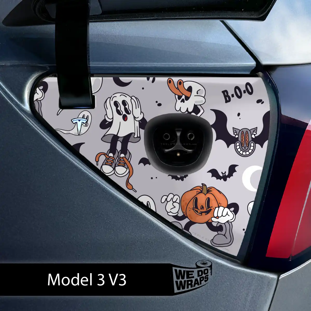Retro 30s Ghost Tesla Charge Port Wrap | Model 3 - Tesla Emblems
