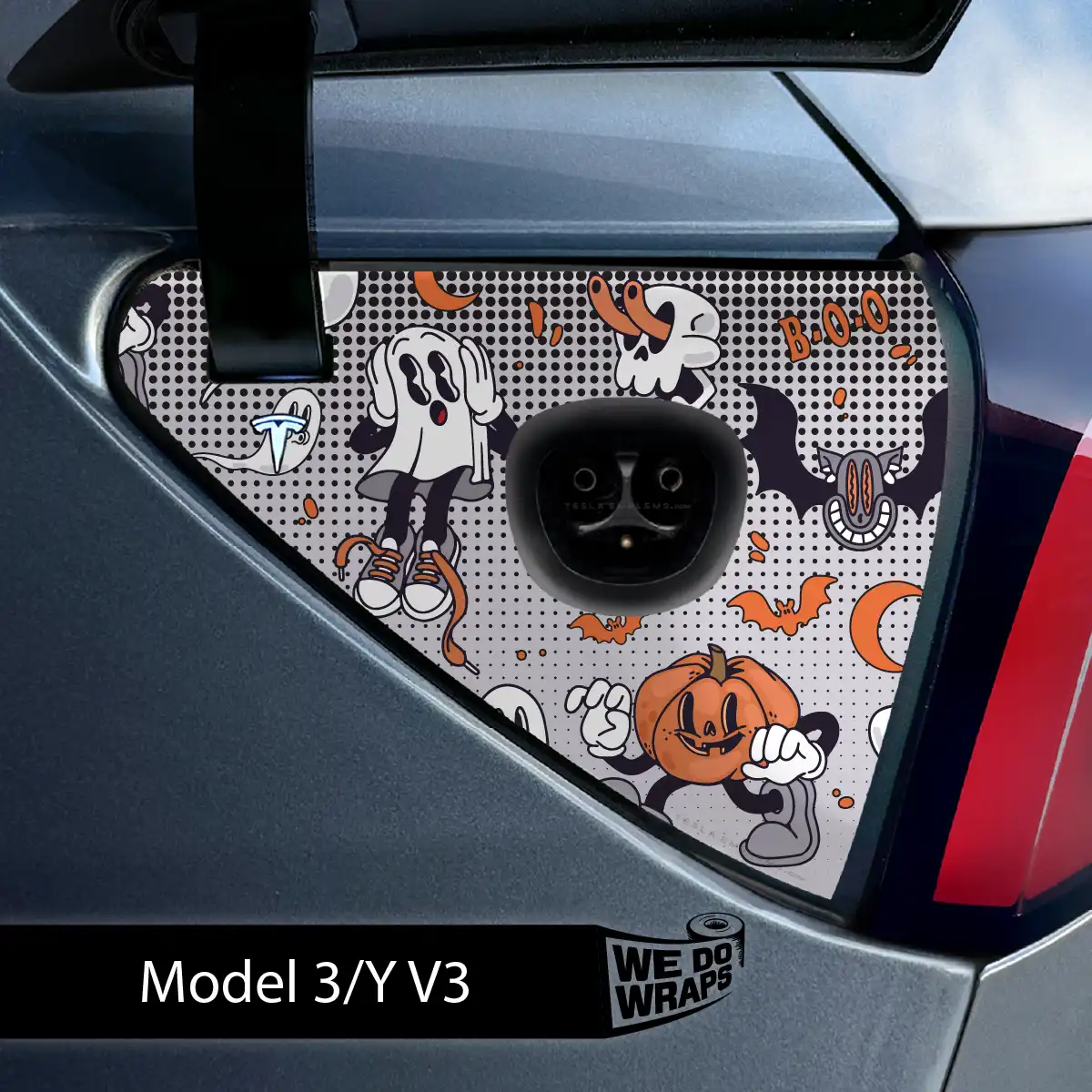 Retro 30s Ghost Tesla Charge Port Wrap | Model 3 - Tesla Emblems