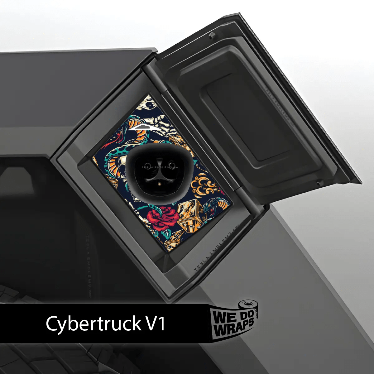 Skull & Rose Tattoo Art Tesla Charge Port Wrap | Cybertruck - Tesla Emblems