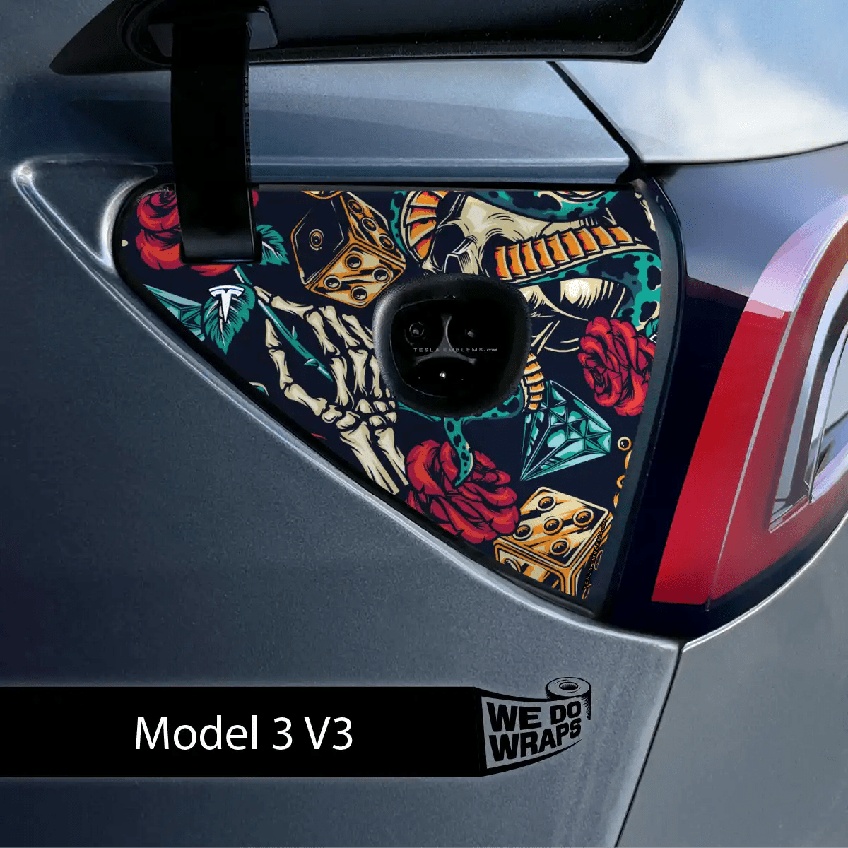 Skull & Rose Tattoo Art Tesla Charge Port Wrap | Model 3 - Tesla Emblems