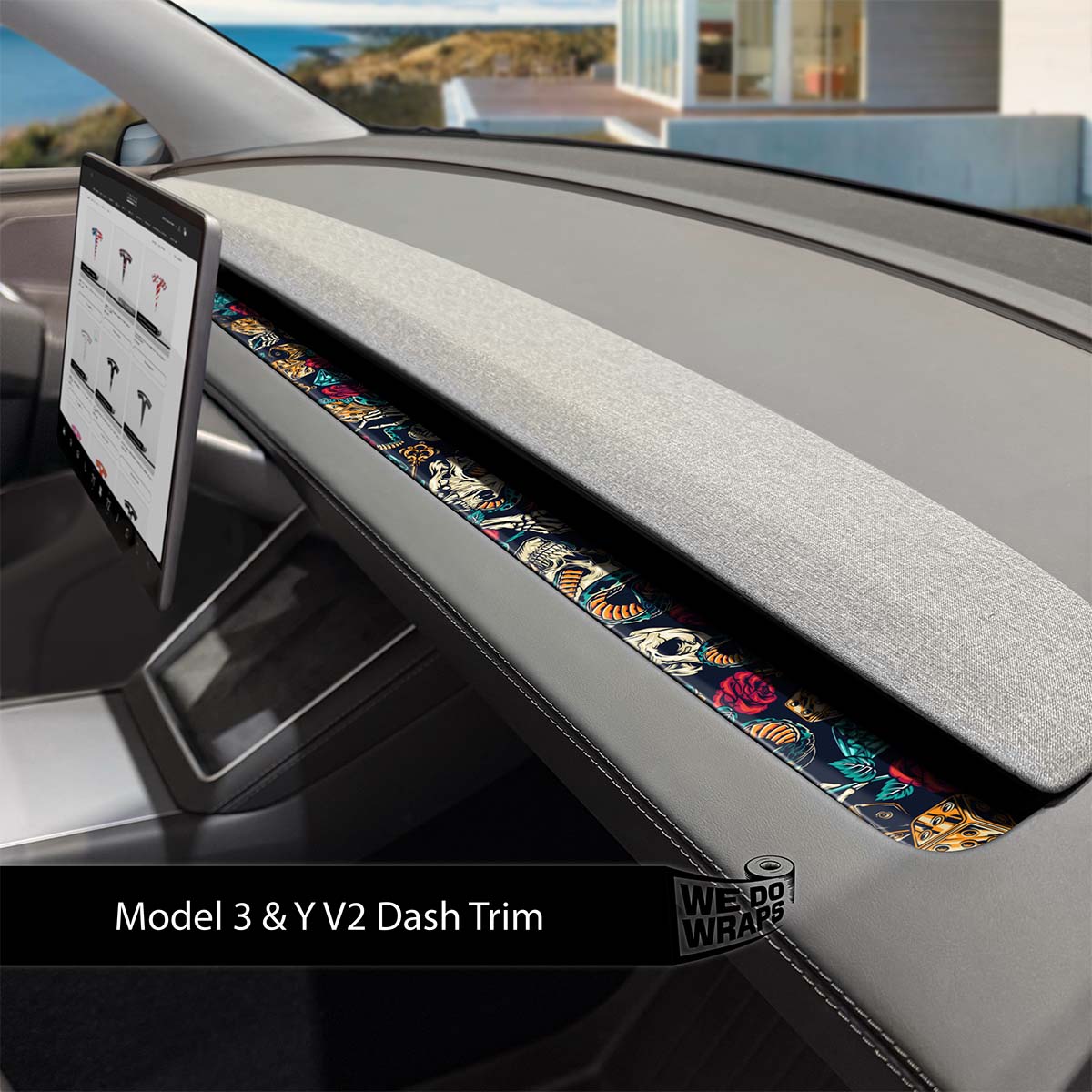 Skull & Roses Tattoo Art Tesla Dash Trim Wrap | Model 3 ’24 - 26 Refresh - Tesla Emblems