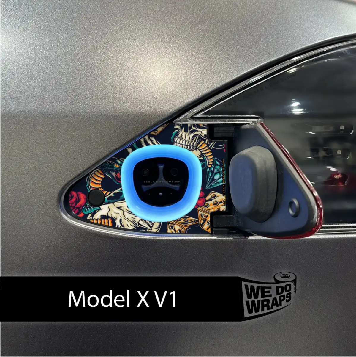 Skull & Rose Tattoo Art Tesla Charge Port Wrap | Model X - Tesla Emblems