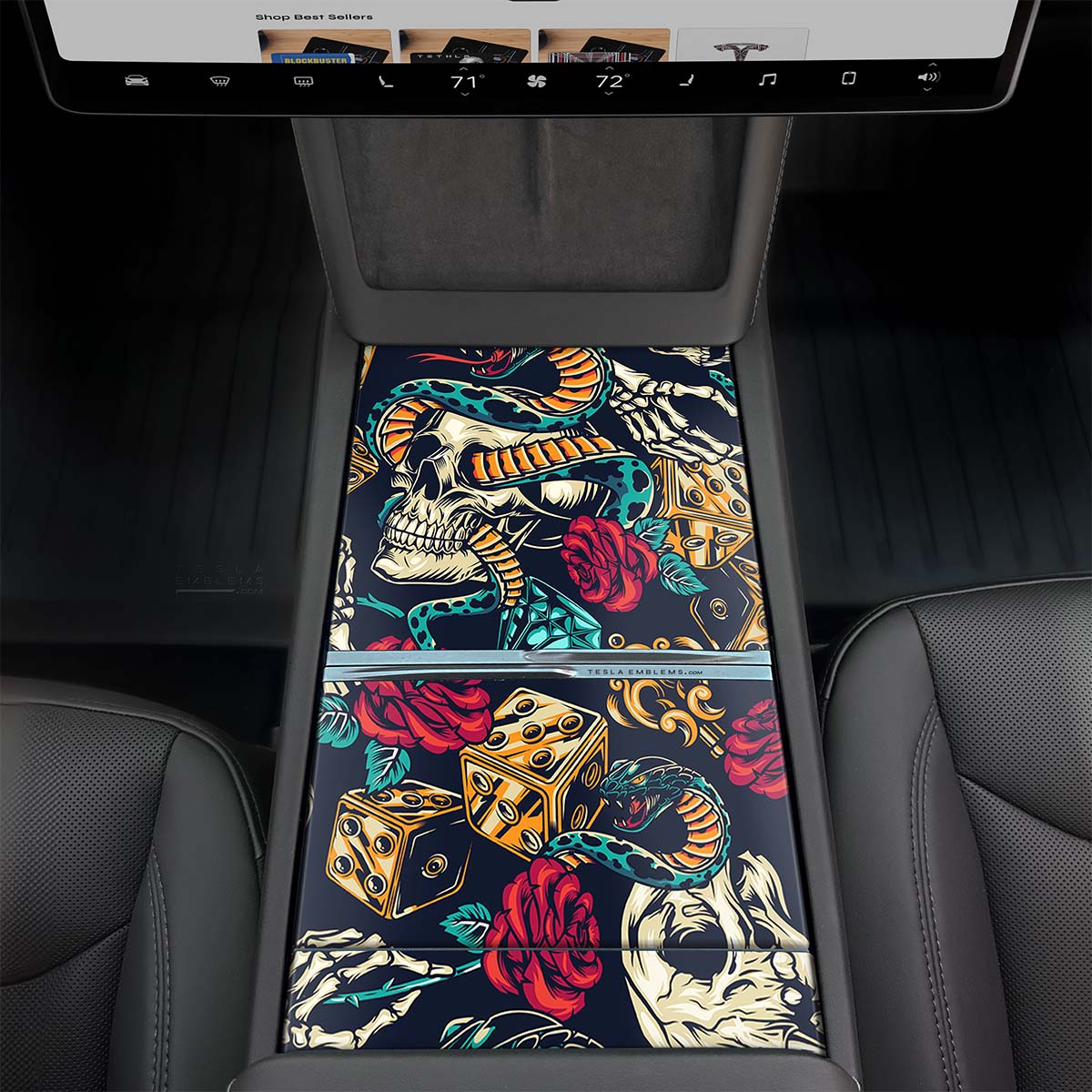 Skull & Rose Tattoo Art Center Console Wrap Kit | 2024+ Model 3 "Highland" - Tesla Emblems