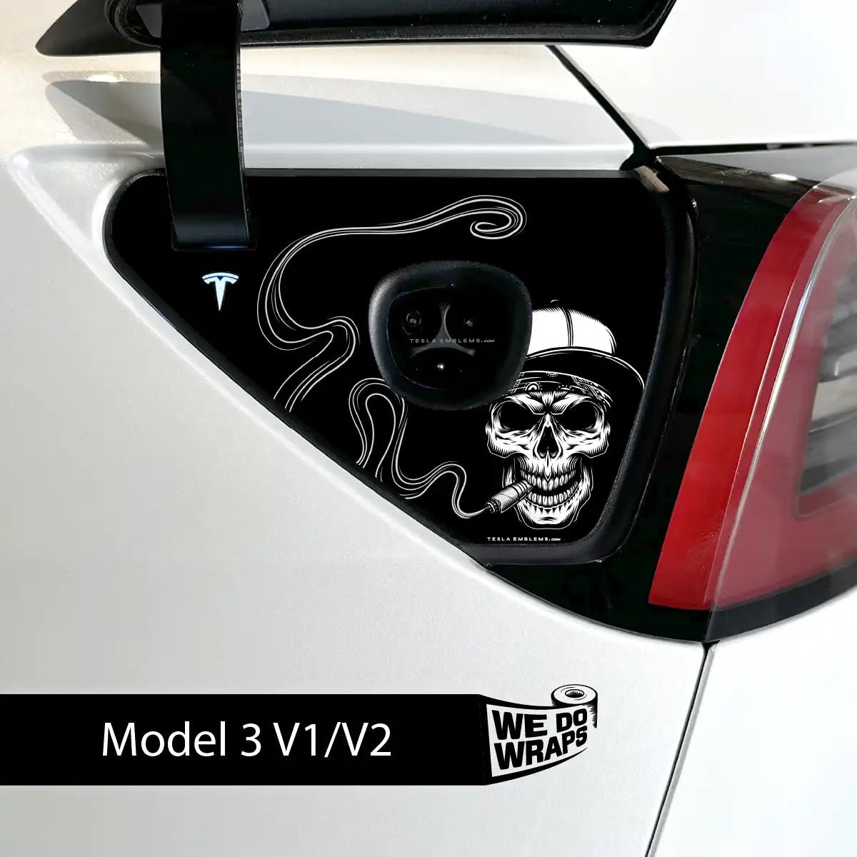Smoking Skull Art Tesla Charge Port Wrap | Model 3 - Tesla Emblems